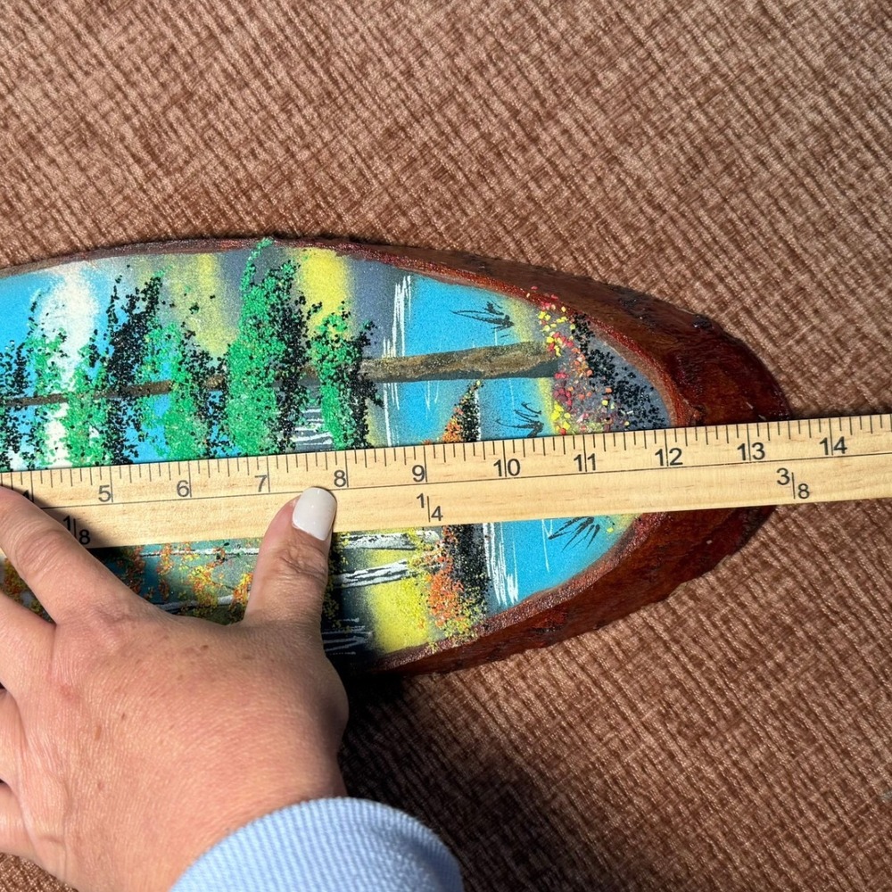 Vintage Hand Painted Live Edge Wood Slab Autumn Forest Lake Landscape Pebble Art - Picture 11 of 12